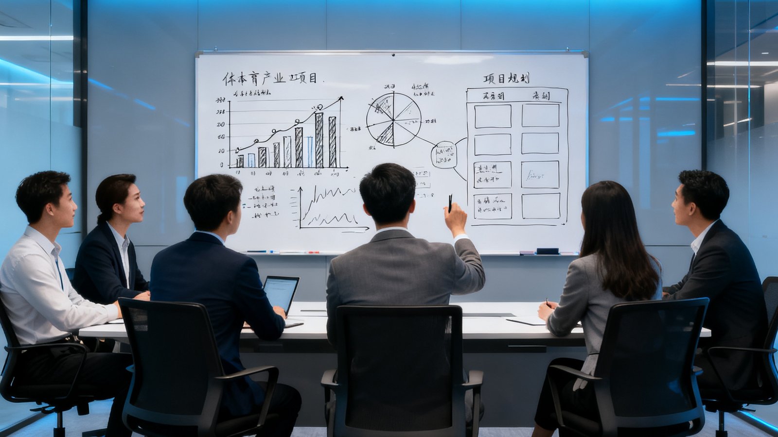专业咨询团队在现代化会议室研讨体育产业项目方案，白板上绘制着数据分析图表和项目规划框架