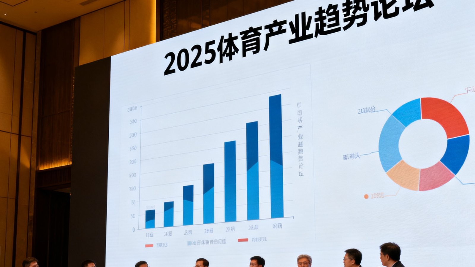 2025体育产业趋势论坛现场，多位行业专家在圆桌讨论环节发言，大屏幕显示数据分析图表
