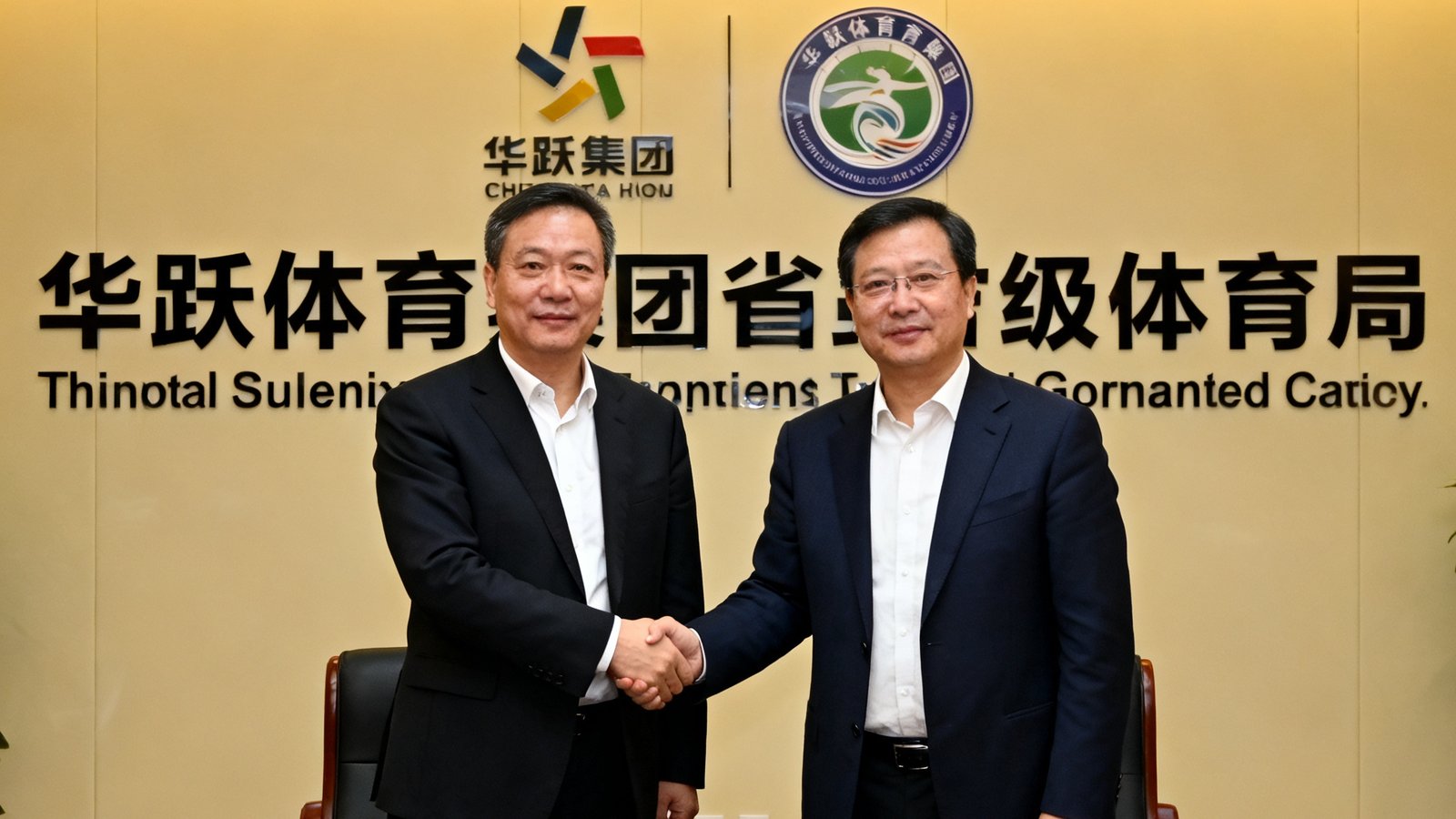 华跃体育集团代表与省级体育局领导签署战略合作协议，双方握手合影