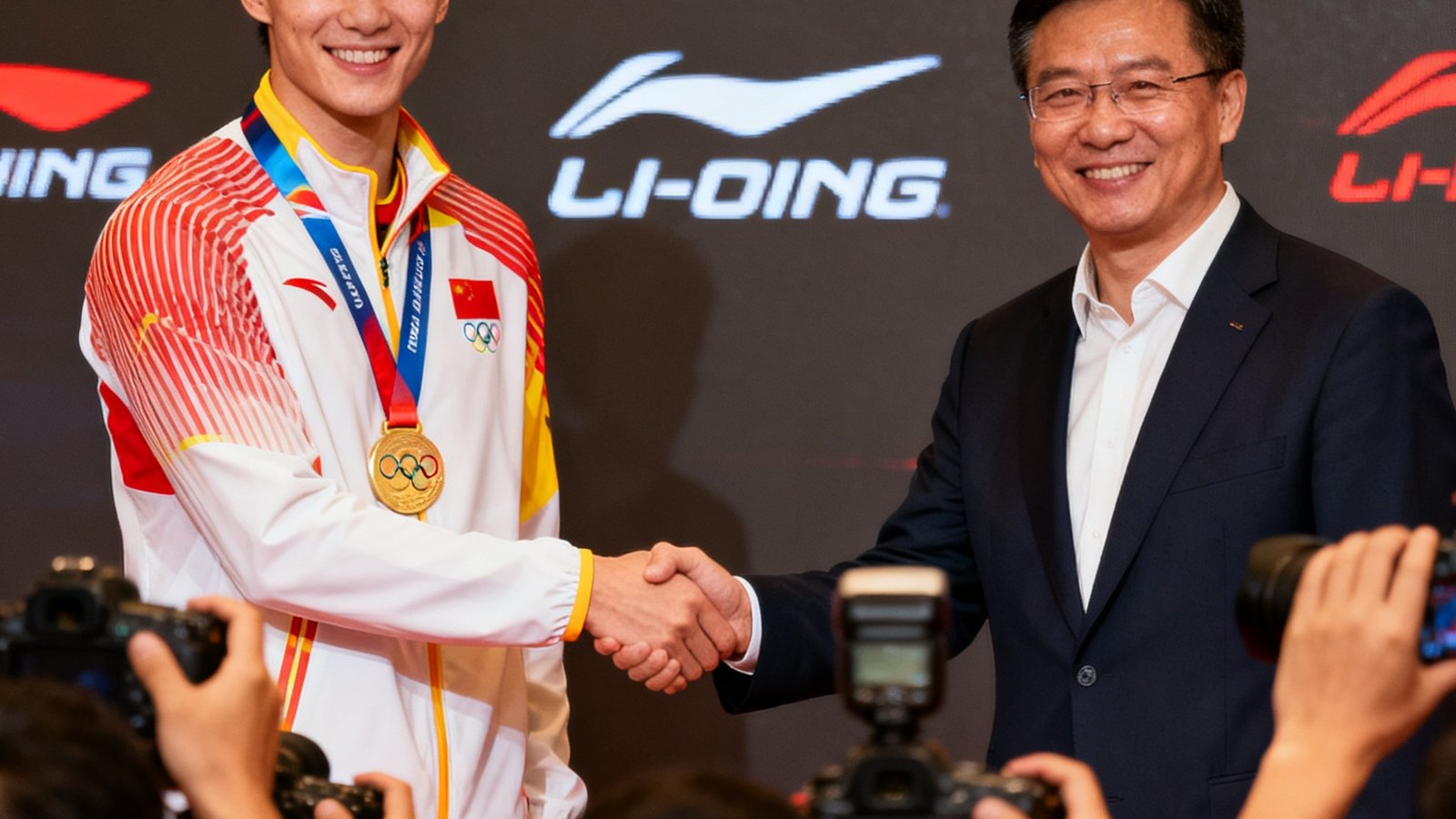 奥运奖牌得主与知名运动品牌签约代言仪式现场，双方握手微笑，背景是品牌LOGO和媒体记者
