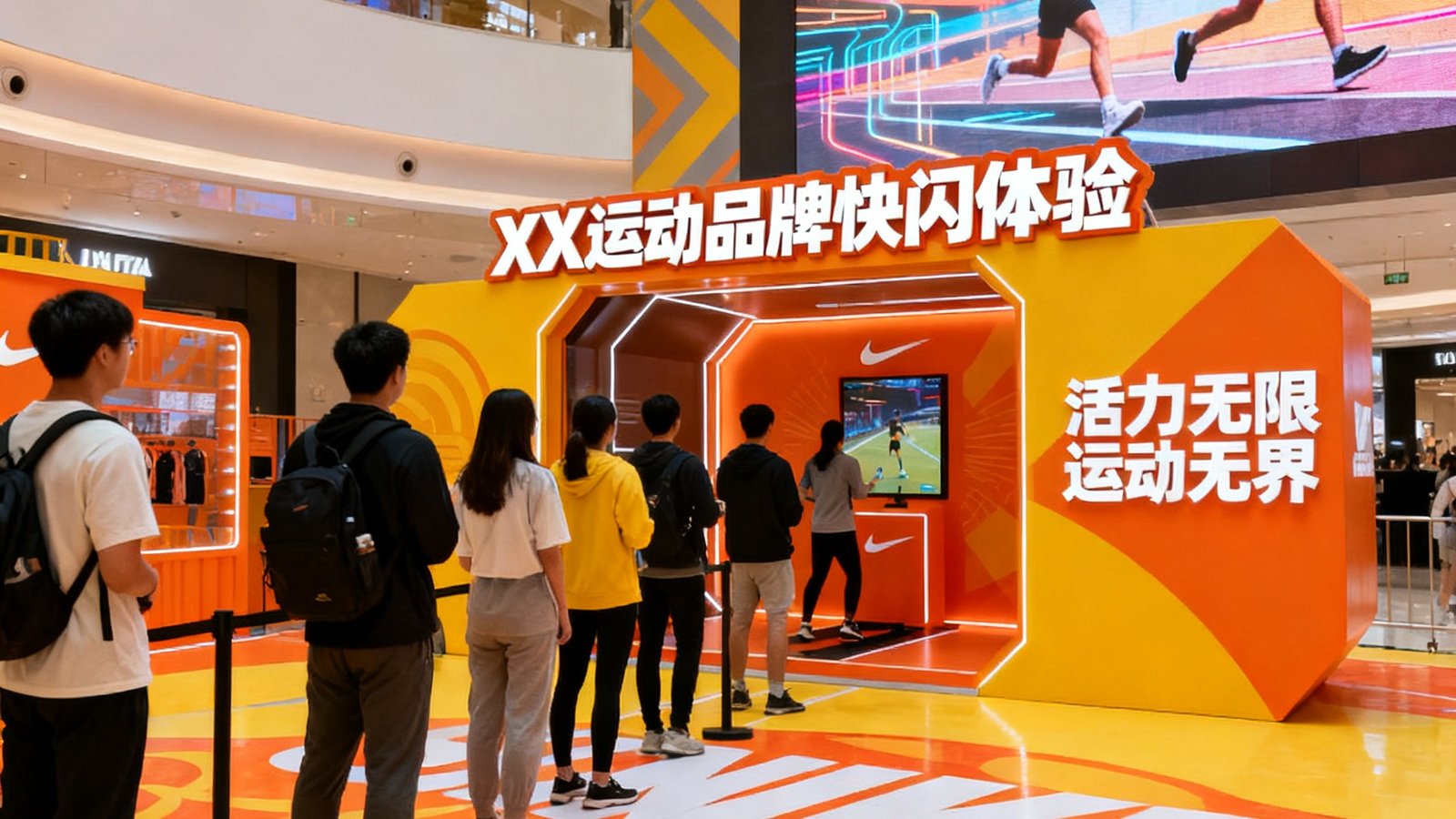 运动品牌线下快闪活动，消费者排队体验互动装置，现场布置时尚充满活力