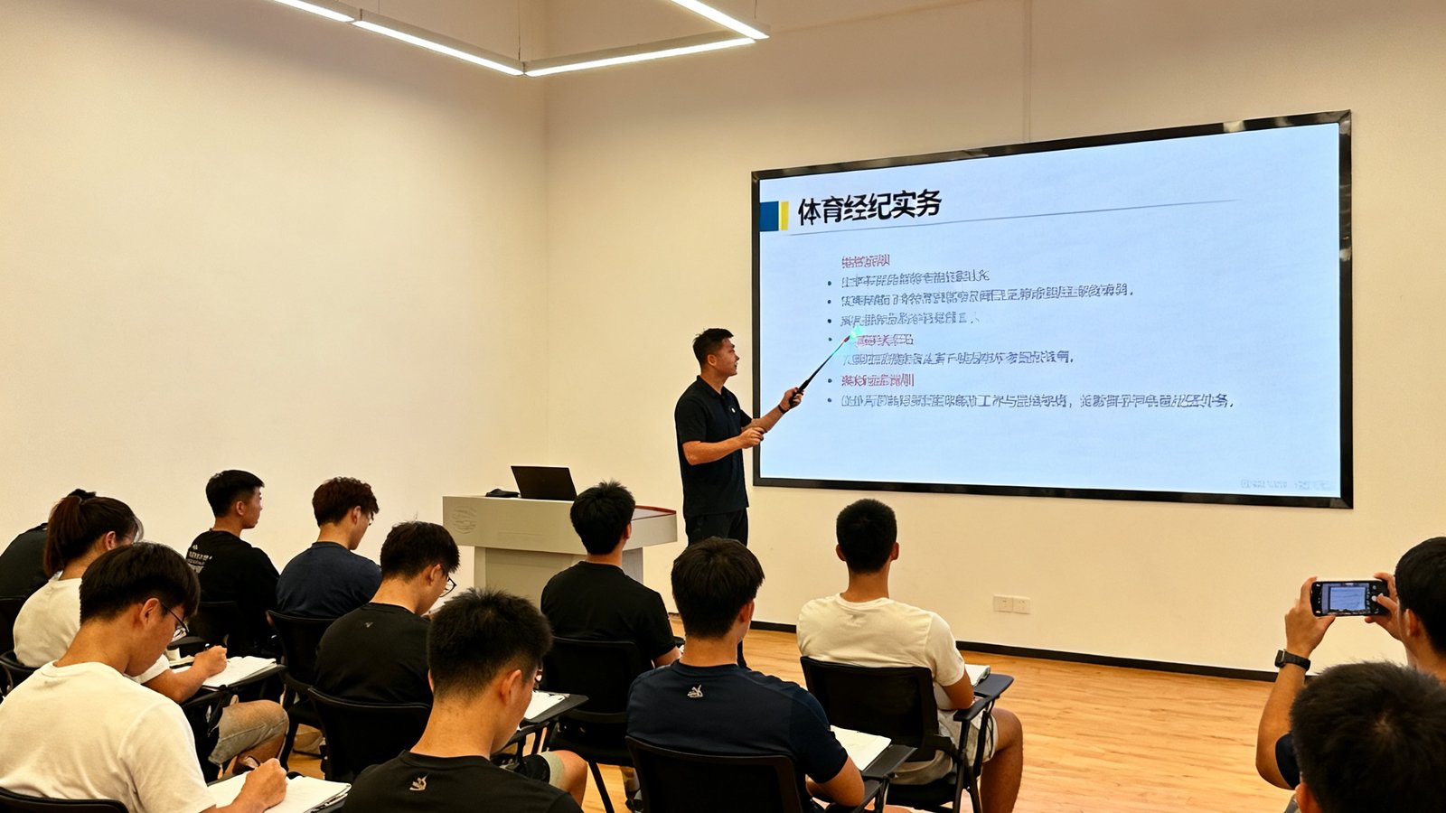 宽敞明亮的体育培训教室，专业讲师正在通过大屏幕讲解体育经纪实务，学员们专注听讲并记录要点